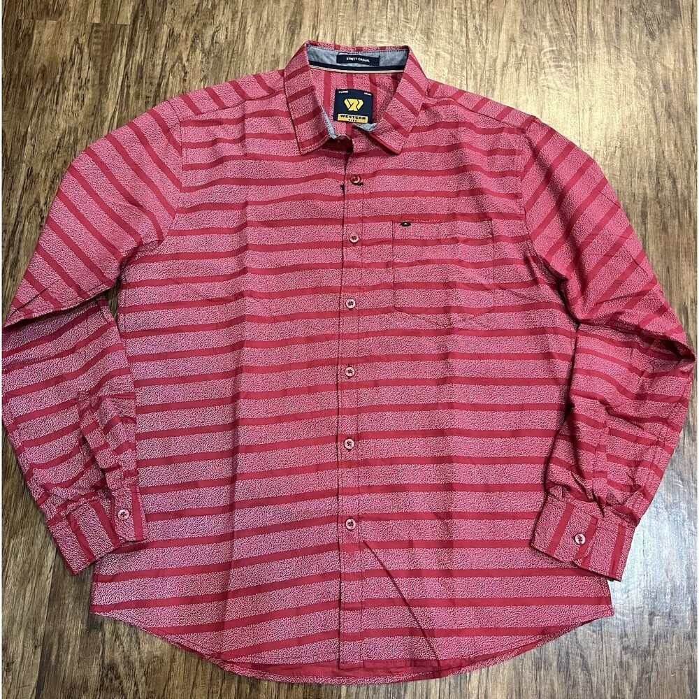 Western Rise Shirt Mens XL 44c Red Stripe Button Up Long Sleeve Pocket Casual